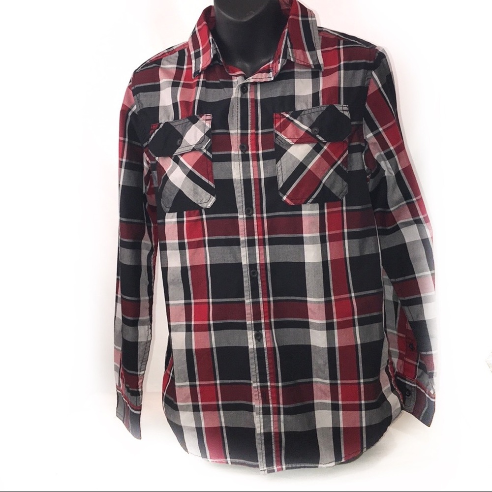Tony HAWK Boys Shirt plaid button down Long sleeves red Black white size XL